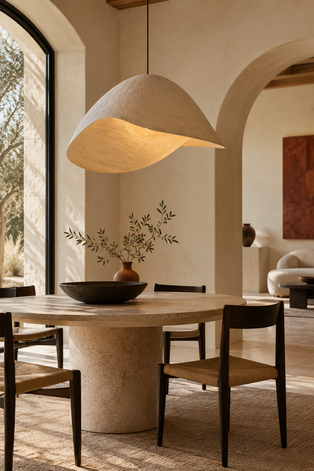 Inspiration reference: sculptural pendant lighting in a warm contemporary interior