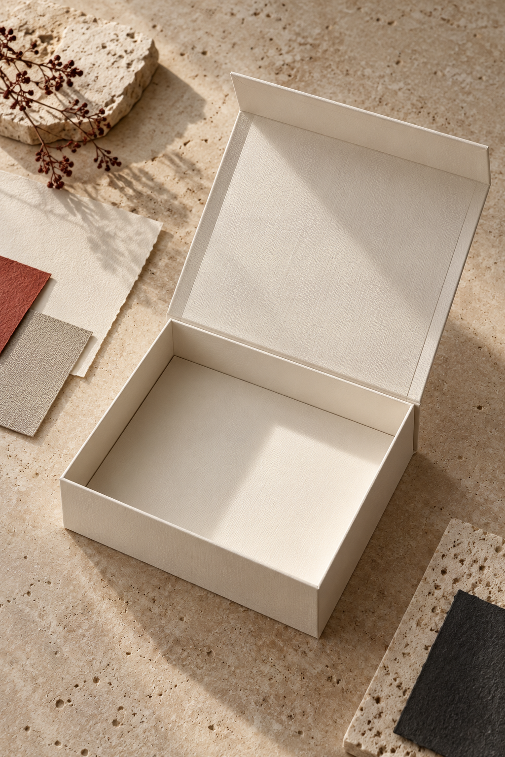 Inspiration reference: an open textured ivory packaging box