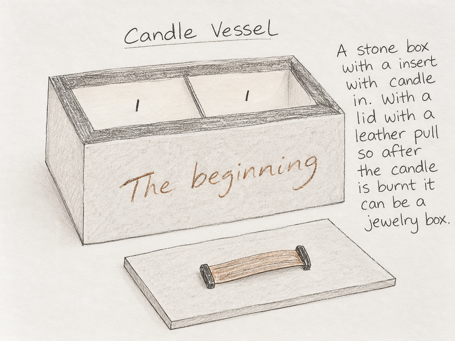 Hand-drawn concept sketch of a candle vessel designed as a reusable stone jewellery box